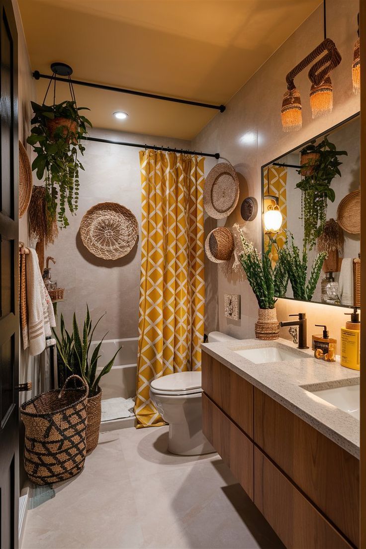 a bathroom with a toilet, sink and plants on the wall in front of it