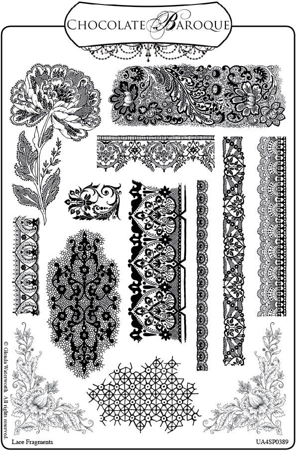 the chocolate barou stamp set is shown in black and white, with ornate designs