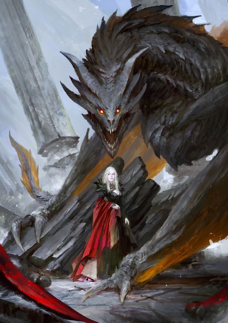 a woman standing next to a giant dragon