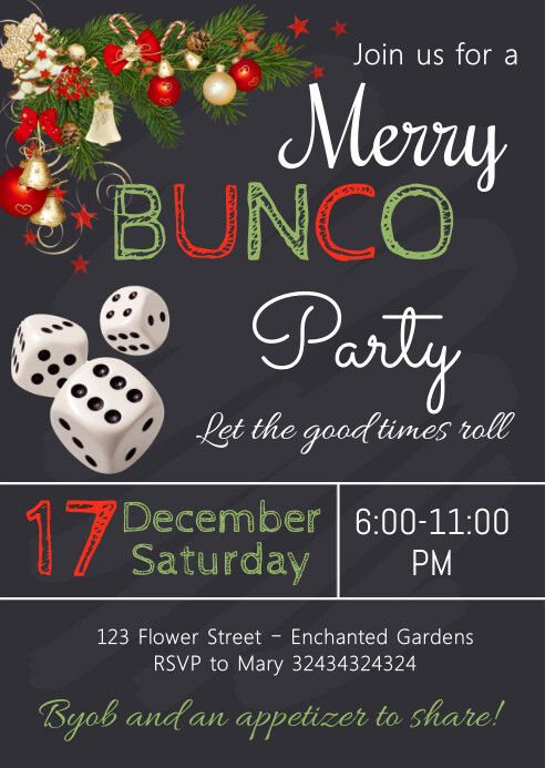 a christmas party flyer with dices and garland on the chalkboard, merry bunco party