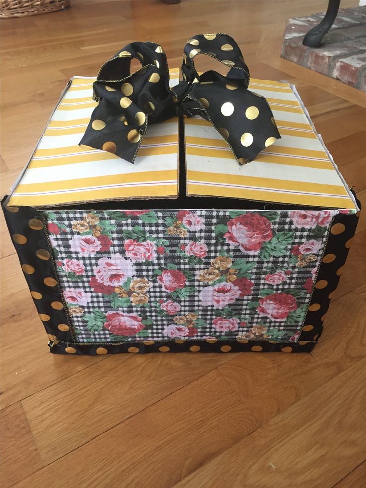 an open box with polka dots and flowers on it