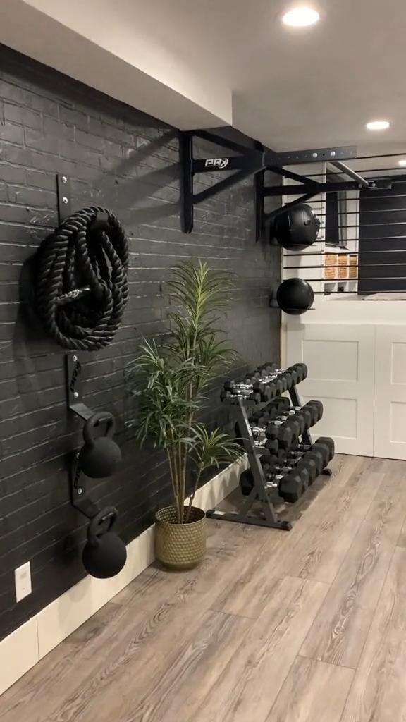 a home gym with black brick walls and exercise equipment on the wall, potted plant in front of it