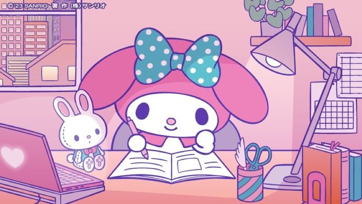 a cartoon character sitting at a desk with an open book in front of her computer