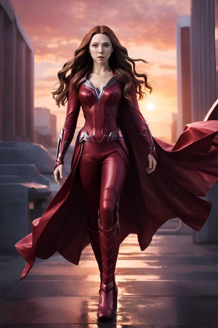 a woman in a red suit and cape is walking down the street with her hands on her hips