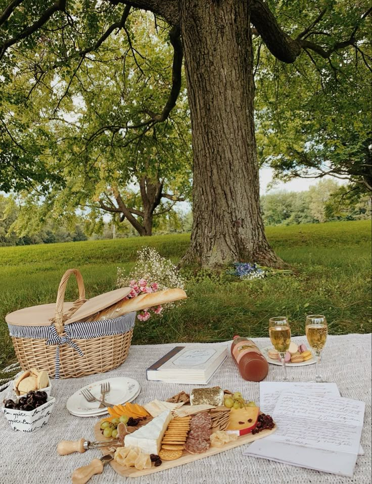 a picnic table with bread, cheese and wine on it in front of a tree