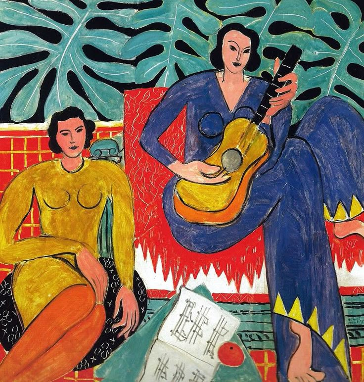 a painting of two women sitting on a couch playing the guitar and another woman standing next to her