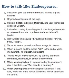 an image of how to talk like shakespeare text on a white background with black and blue font