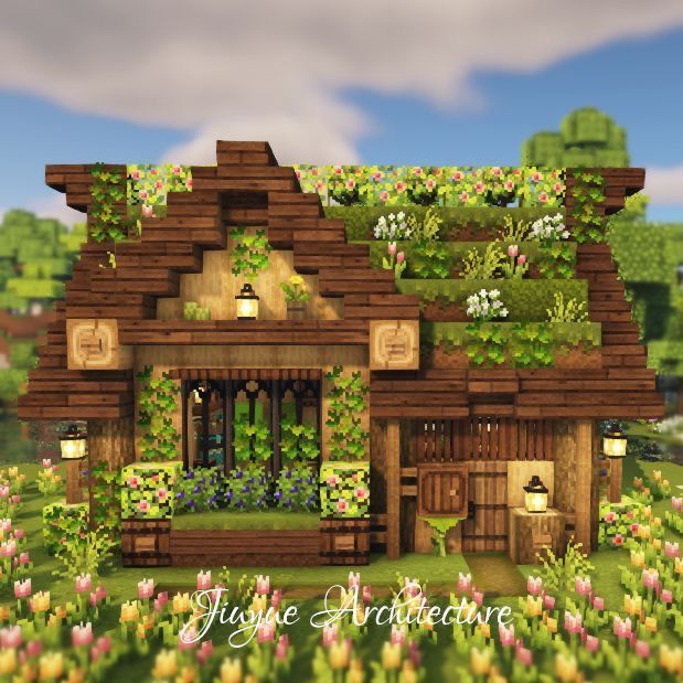 Minecraft Wood Cottage, Minecraft Grass House, House Shapes Minecraft, Boho Minecraft Houses, Aesthetic Houses Minecraft, Nature Minecraft House, Minecraft Wood House Ideas, Minecraft House Ideas Cottage Core Easy, Cute Mc Houses