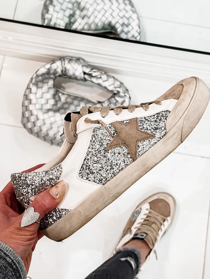 Glitter Neutral Star Sneaker | Krush Kandy Boutique | Phoenix, AZ Everyday Fall Sneakers With Speckled Midsole, Silver Sneakers Outfit 2024, Golden Goose Street Style, Fashion Sneakers Women's, Sparkle Sneakers, Nails Outfit, Trendy Shoes For Women, Goose Sneakers, Silver Sneakers