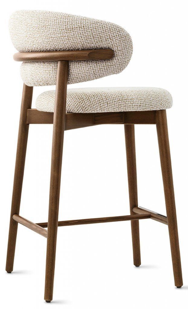 an upholstered stool with a wooden frame and fabric seat padding, viewed from the front