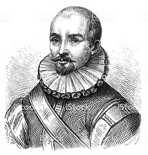 an old black and white drawing of a man with a beard wearing a ruffled collar