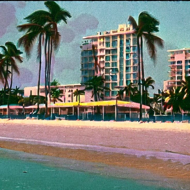 the beach is lined with palm trees and hotels