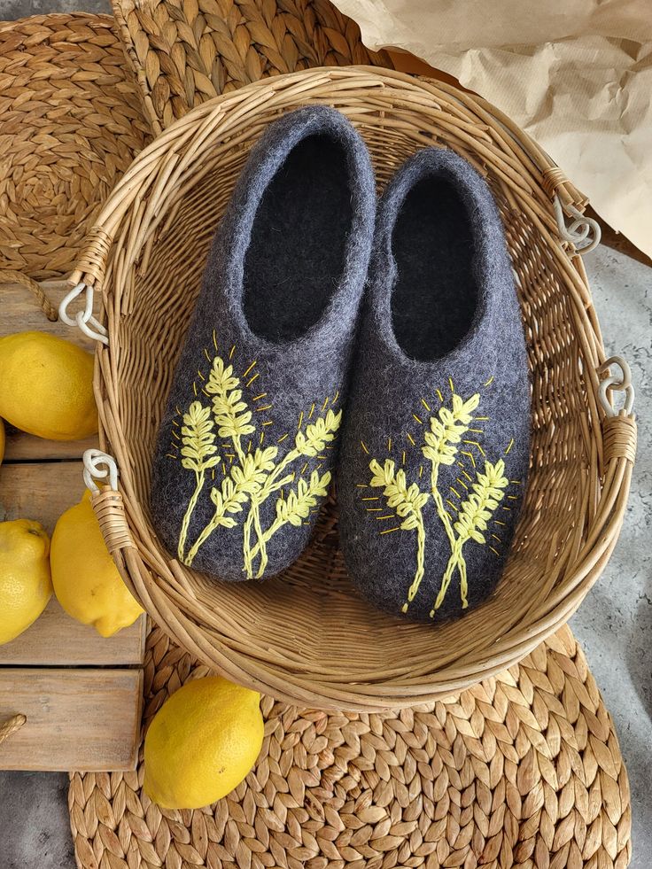 Felted handmade warm wool slippers "Wheat" with embroidery. Available size 39-40 EU (size 9 US) PLEASE kindly count +7 days extra  for crafting any other size.  Check these gorgeous  handmade wool felted slippers with embroidery, which become the greatest gift for  Christmas, new Year, Father's Day, Mother's Day, Halloween, Easter, wedding, retirement, anniversary, housewarming, or any other occasion. Slippers can be done for kids and adults, any size in three forms: open heel, closed heel, or high booties. Available colors: black, red, orange, pink, grey, white, green, blue, violet. 100% carded wool, genuine leather sole. Natural wool provides very warm and cozy sensation for your tired feet. Feel home, relax, and put you shoes on - you are home finally!  IMPORTANT Please, measure your fo Felted Wool Slippers, Easter Wedding, Shoe Molding, Wool Slippers, Felted Slippers, Bleu Violet, Halloween Easter, Open Toed Heels, Wool Handmade