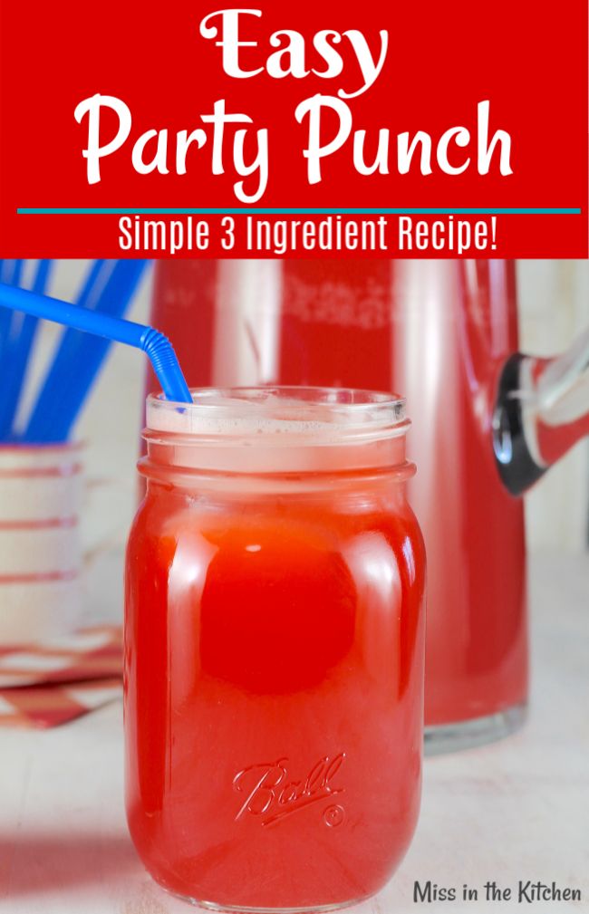 a mason jar filled with red liquid and the words easy party punch in front of it