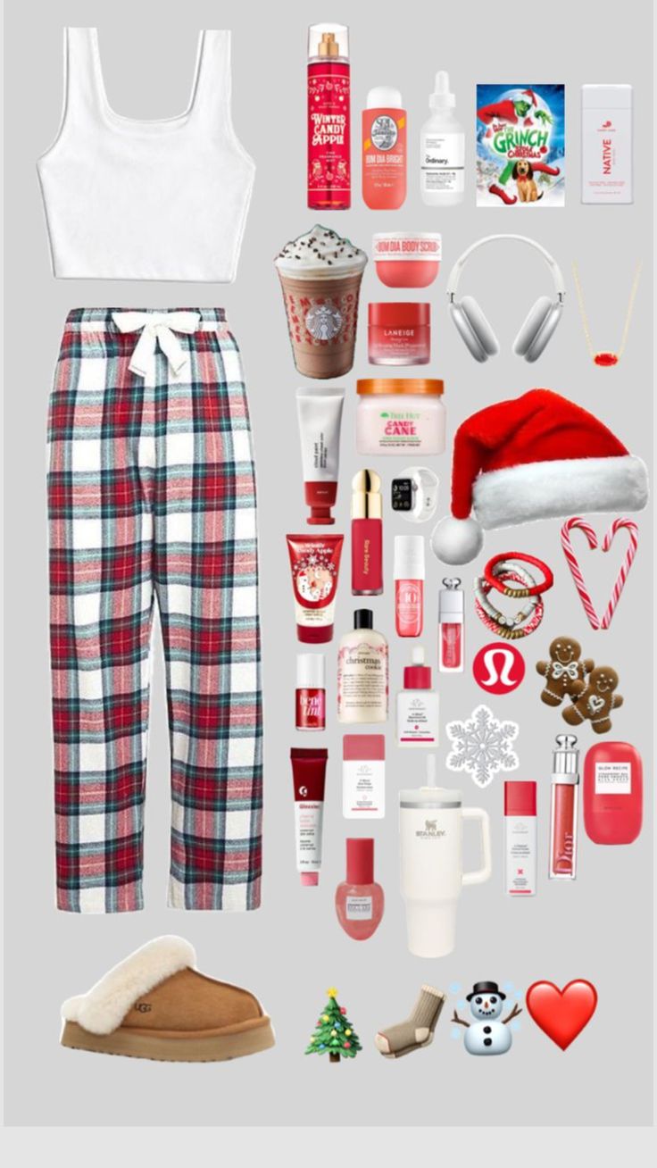 the contents of a woman's christmas outfit including shoes, cosmetics and other items