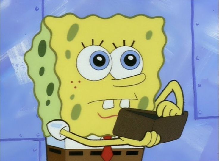 an animated spongebob character holding a wallet