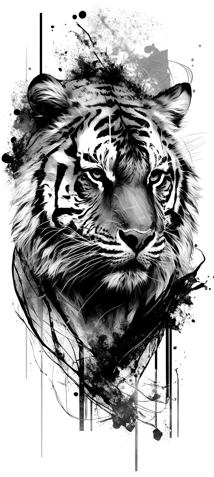 a black and white drawing of a tiger's face with paint splatters