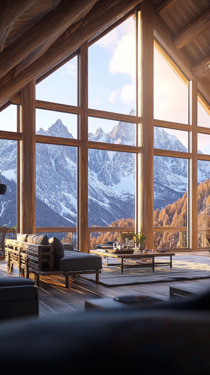 a living room filled with furniture and large windows covered in snow capped mountains behind it