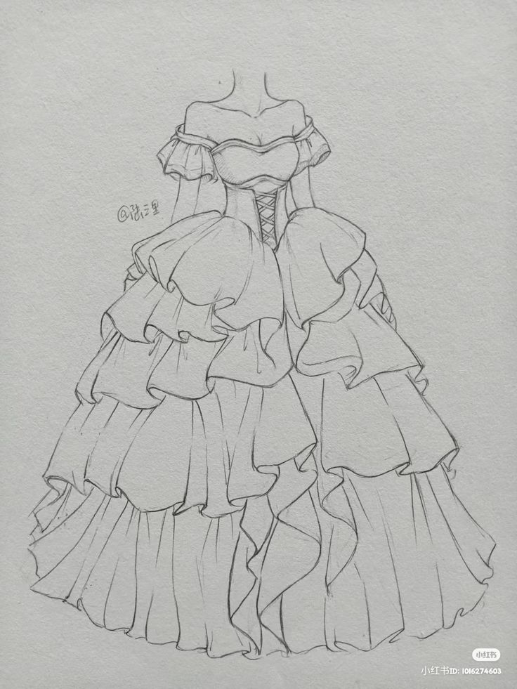 a drawing of a dress with ruffles on the bottom and shoulders, in pencil