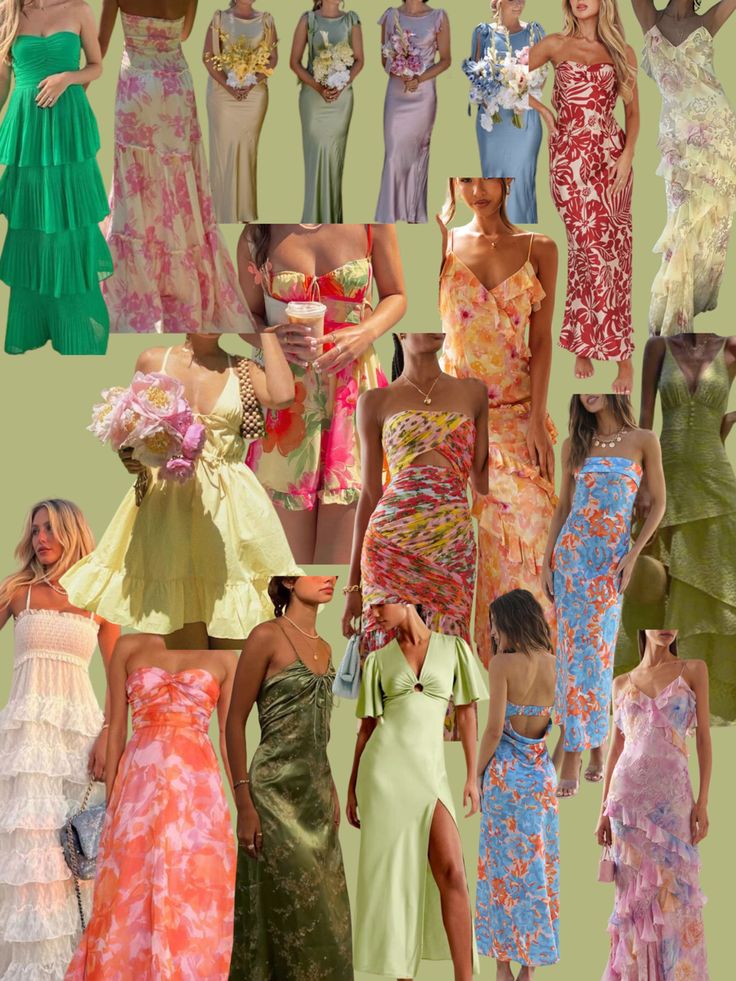 many different types of dresses are shown in this collage, including one with flowers on it