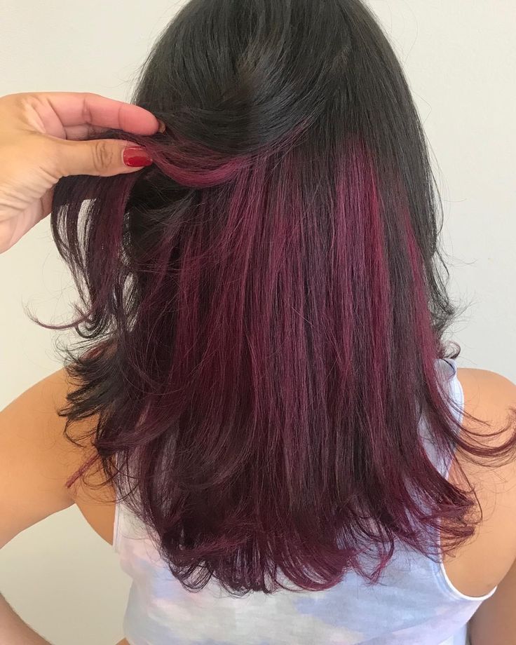 Dark Red Dyed Hair Underneath, Peek A Boo Purple Hair Dark, Dark Underdye Hair, Peak A Boo Red Hair, Undercolor Hair Ideas For Black Hair, Peek A Boo Color Hair, Red Peek A Boo Hair, Perk A Boo Hair Color, Peek A Boo Red Hair