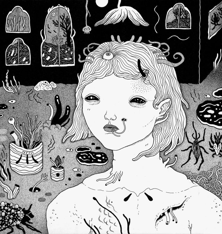 a black and white drawing of a woman surrounded by plants