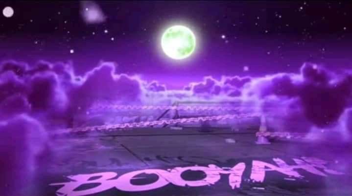 an animated scene with the word boom written on it in front of purple clouds and a full moon