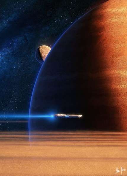 an artist's rendering of two planets in the distance, with one planet on its side