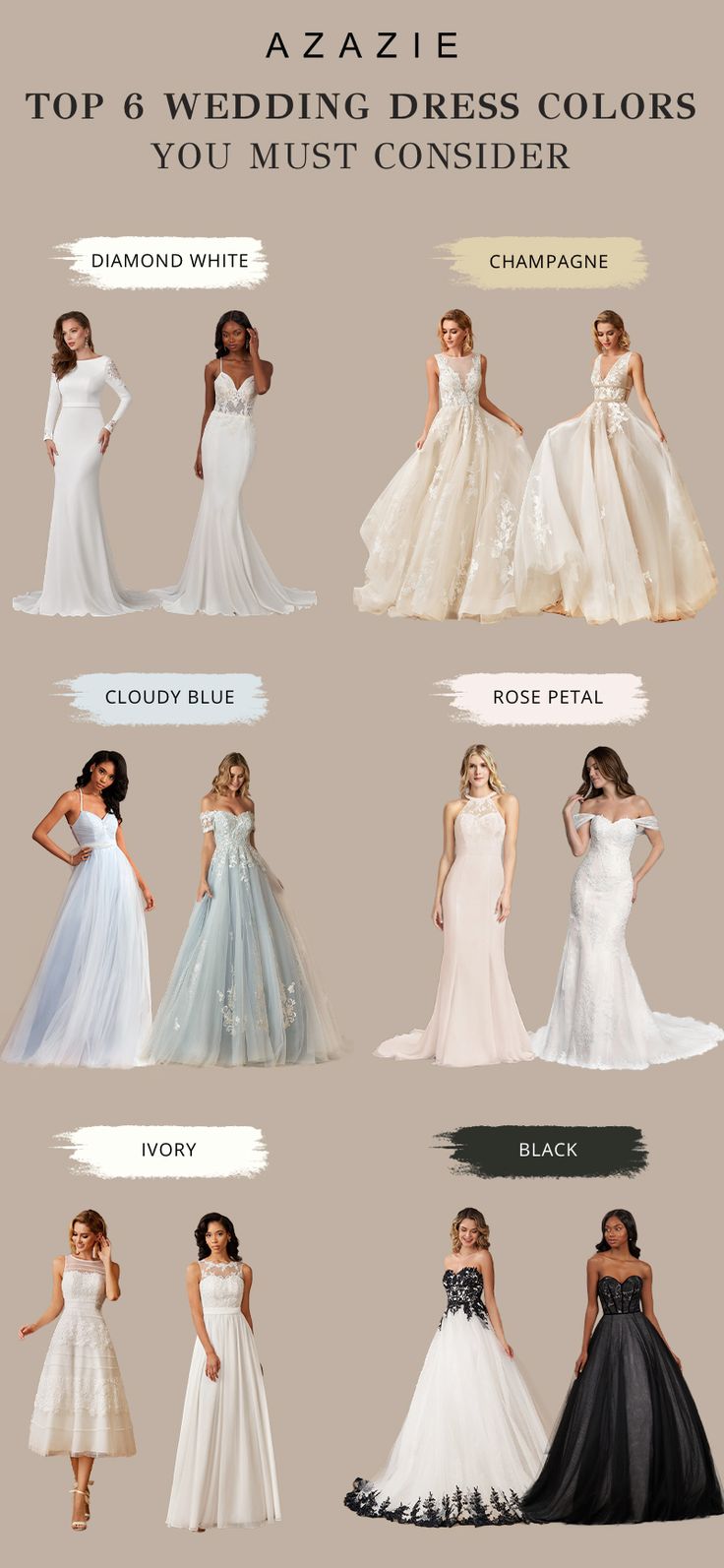 the top 6 wedding dresses colors you must consider for brides to wear in different styles