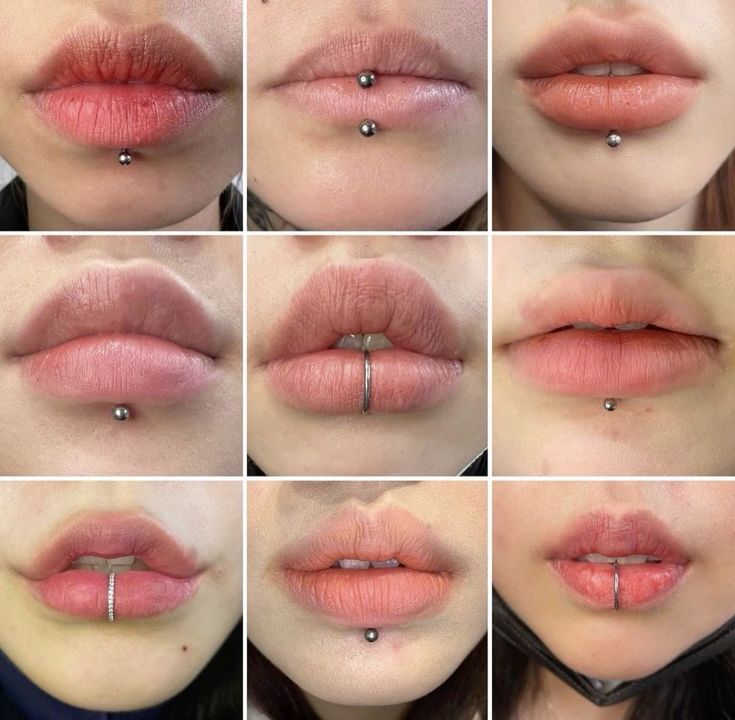 various pictures of lips with different piercings on each lip and the same ring in between them