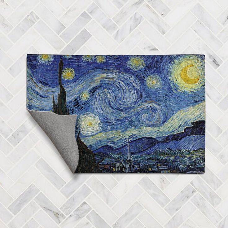 the starry night painting is shown on a white tile wall with grey herringbones