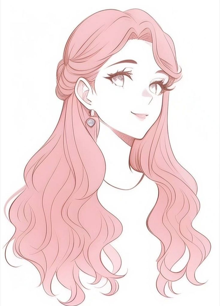 a drawing of a girl with long pink hair and earrings on her head, looking to the side