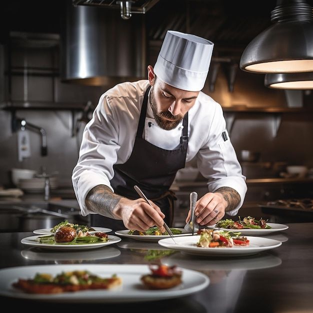 a chef preparing food on plates in a kitchen