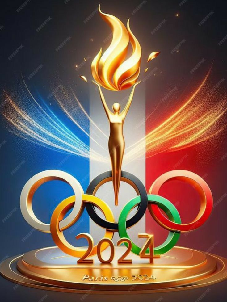 the logo for the olympic games is shown in front of an abstract background with gold and red