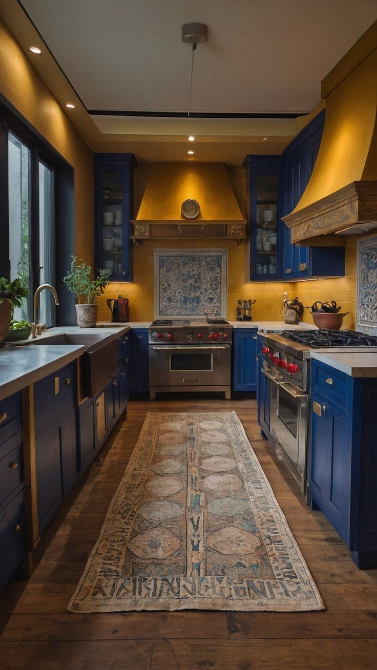 a large kitchen with blue cabinets and gold accents on the walls, along with an area rug