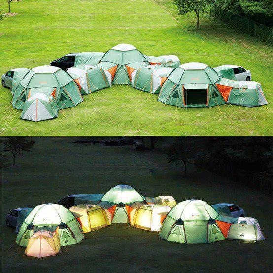 two pictures with different types of tents in the grass