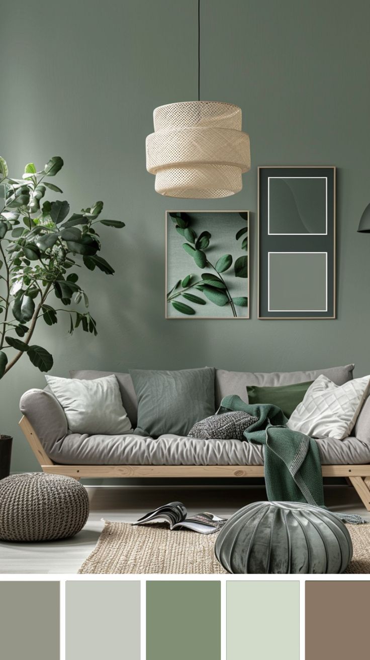 a living room with green walls and grey furniture in the center, along with plants