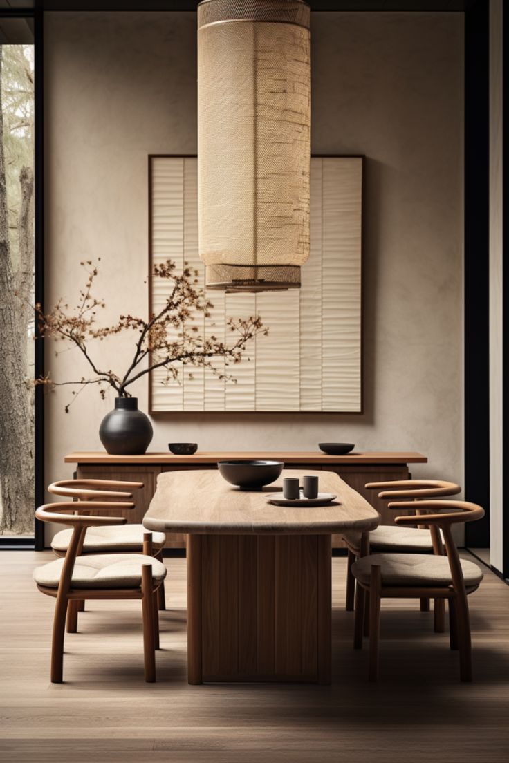 Japandi dining room with wood table, chairs and wall art. Minimal colors and a large potted plant complete the look Japandi Dining Room Design, Japandi Dining Room, Japandi Dining, Japandi Furniture, Japandi Interior Design, Interior Design Dining, Zen Interiors, Japandi Interiors, Japandi Decor