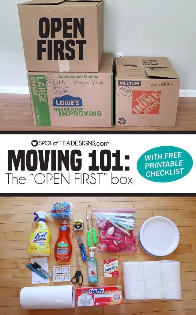 the open first moving 101 box is packed with supplies