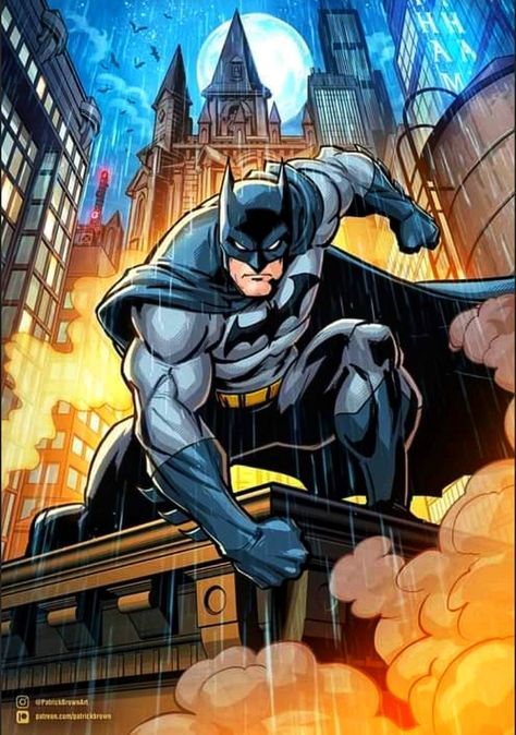 batman flying through the air in front of cityscape with buildings and clouds behind him