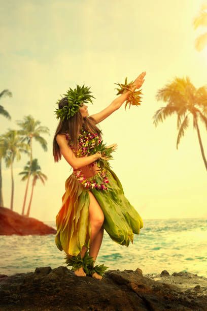 a woman dressed as a hula dancer on the beach with palm trees in the background