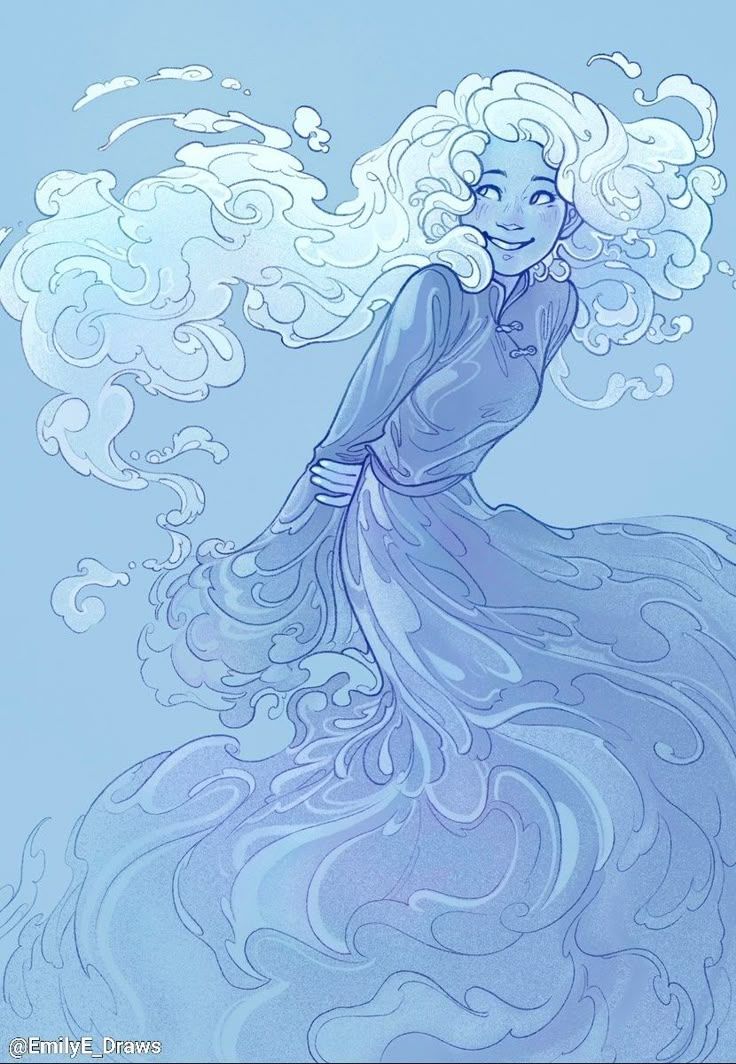 a drawing of a woman in a blue dress with waves coming out of her hair