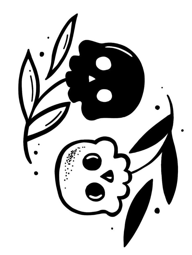 a black and white drawing of a skull with leaves on it's head, next to a flower