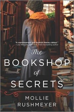 the book shop of secrets by mollie rushmeyer, with an image of a woman standing in front of bookshelves