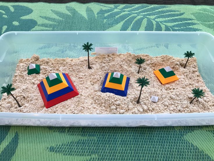 a plastic tray filled with sand and palm trees