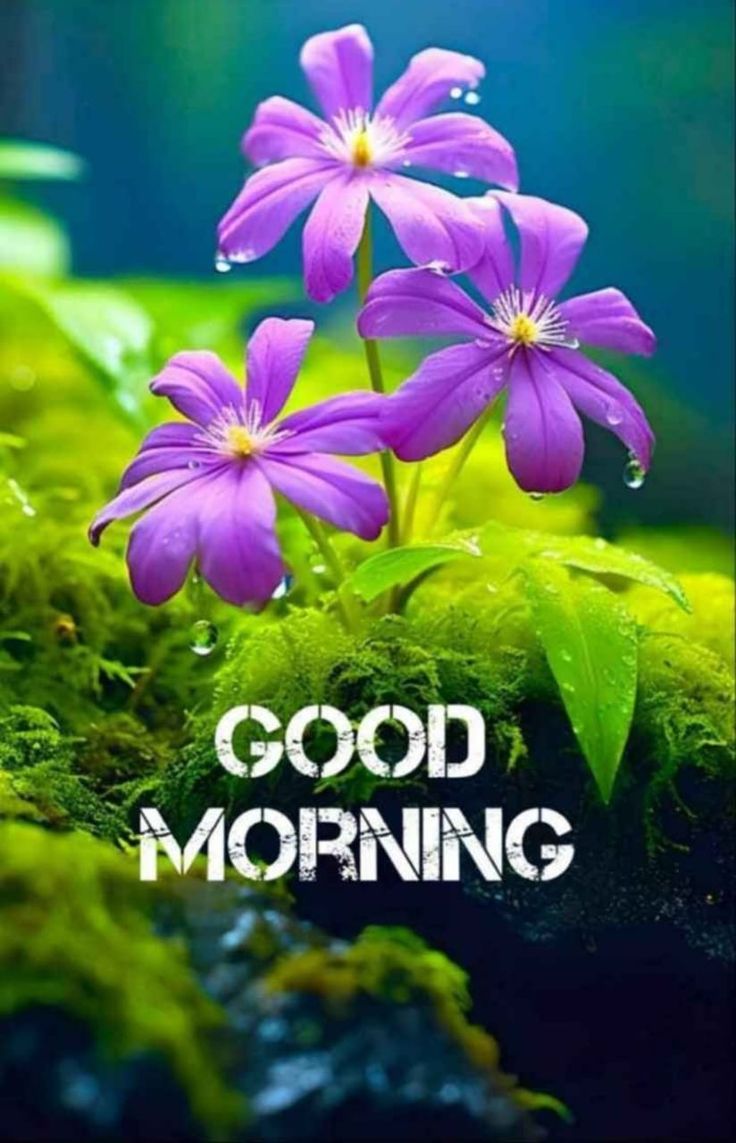 purple flowers with the words good morning written on it in front of green mossy ground