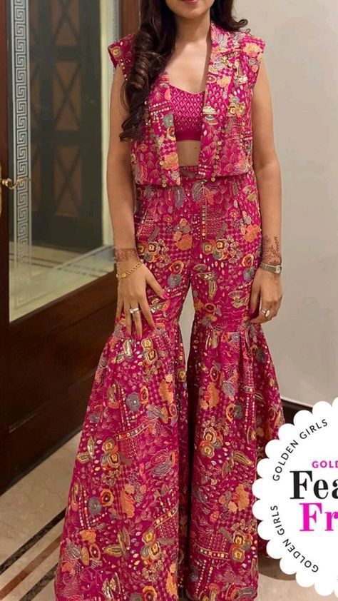 Indian 3 Piece Dress, Bandhani Saree Outfit Ideas, Diwali Traditional Outfit Ideas, Pink Plazo Outfit, 3 Piece Indian Outfit, Ethnic One Piece Dress, Simple Coord Sets For Women, Indowestern Outfits For Wedding, Jumpsuit Traditional Indian