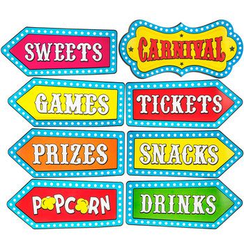 several colorful stickers that say carnival games, prizes, snacks and popcorns on them