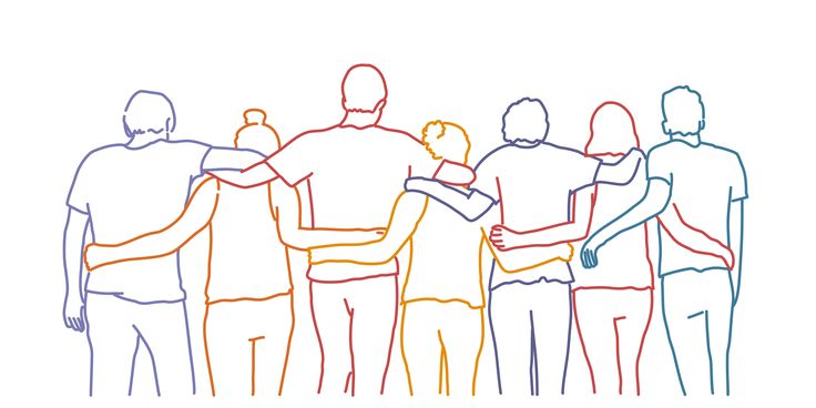 a group of people standing in a line with their arms around each other and looking at something