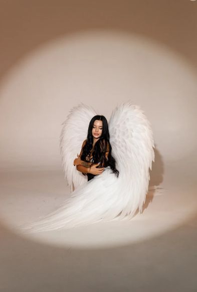 a woman sitting on the ground with an angel's wing in front of her